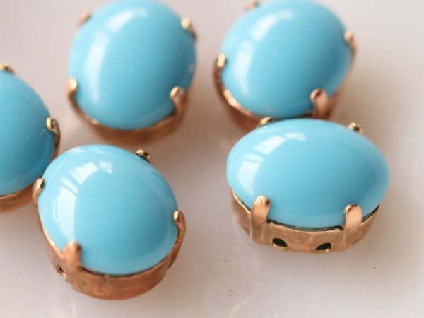 画像3: ドイツヴィンテージ　ターコイズブルー・ラインストーン＋縫付け用台座10×8ミリ　4個 (3)