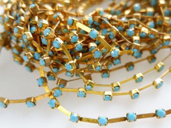 画像2: スワロフスキーヴィンテージ　ラインストーンチェーン【バー・ターコイズ】　20センチ　 (2)