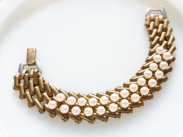 画像2: ヴィンテージ　USA真鍮チェーン・パールブレスレット　18センチ　※パール外せます　【1104B】 (2)