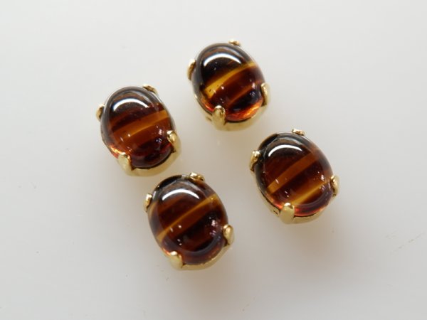 画像2: チェコヴィンテージ　ガラスカボション＋縫付け用台座 10×8ミリ【ブラウンストライプ】4個 (2)