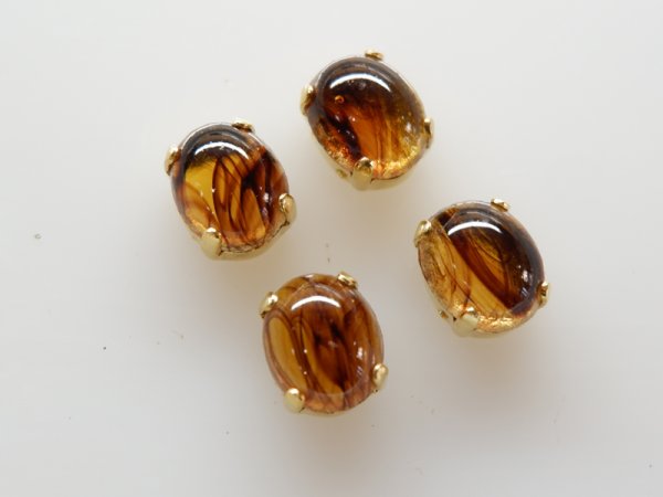 画像1: チェコヴィンテージ　ガラスカボション＋縫付け用台座 10×8ミリ【ブラウンマーブル】4個 (1)