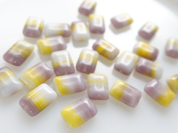 画像1: チェコヴィンテージ・ガラスビーズ【レクタングル　パープル×イエロー　12×8ミリ】6個 (1)