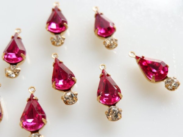 画像4: ヴィンテージ　ラインストーン・チャーム【ダブル　フューシャ×クリアー】13×7.8　2個　 (4)
